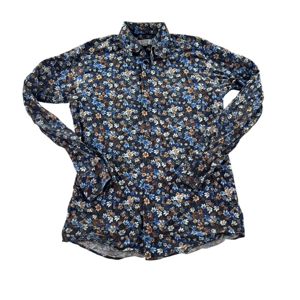 Eton Signature Twill Slim Fit Shirt Mens 15.5 M Blue Floral Print Cotton Dress